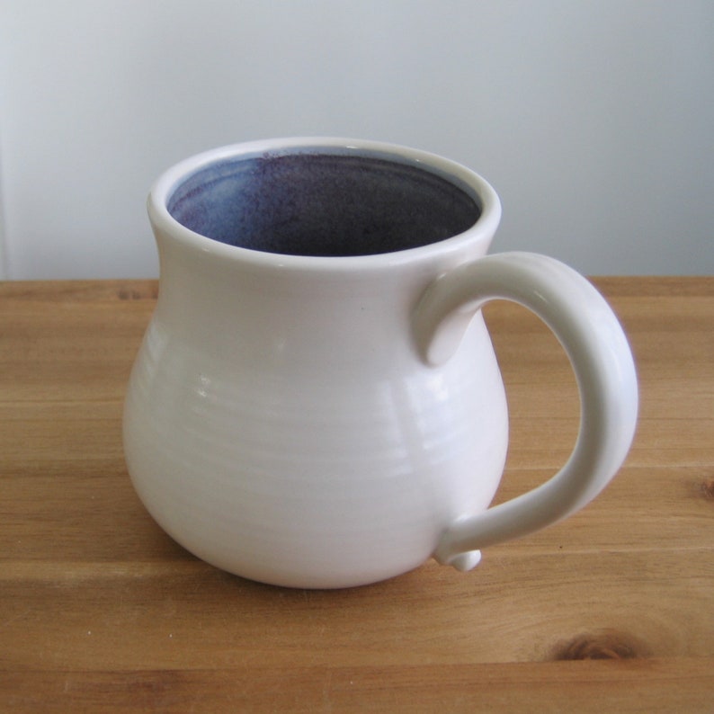 Large fat purple and white mug, 16 oz stoneware coffee gift, Ceramic wheel thrown cup image 1