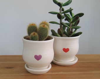 Your choice of one SMALL pottery heart planter, Small ceramic cactus or succulent plant pot with drainage, White pink purple Valentine's Day