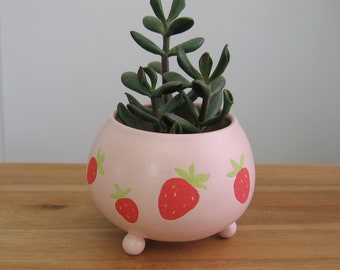 Pink strawberry pottery plant pot with drainage and feet, Ceramic succulent berry planter,  Happy cactus lover, Cute home office gift