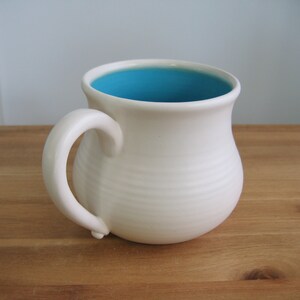 Large pot belly mug, Pottery coffee mug in turquoise blue and white, 18 oz. Hand thrown stoneware, Ceramic, Boyfriend gift for him