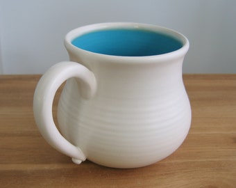 Large pot belly mug, Pottery coffee mug in turquoise blue and white, 18 oz. Hand thrown stoneware, Ceramic, Boyfriend gift for him