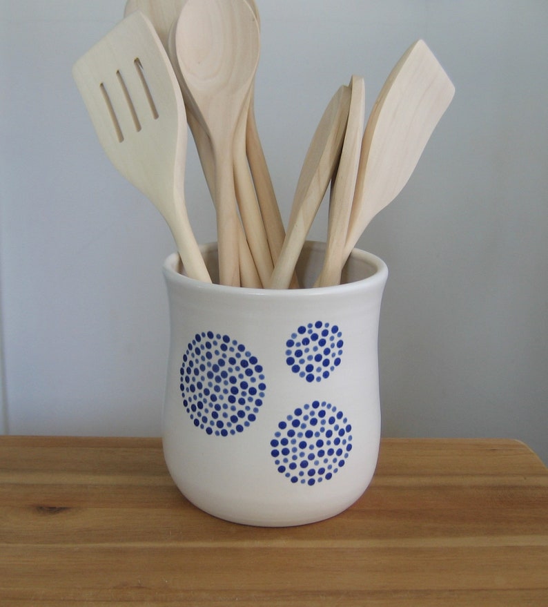 White Utensil Crock With Cobalt Blue Dots Spring Kitchen Etsy