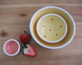 Happy pottery nesting bowls with hearts, Small set of stacking ceramic prep or dip bowls in spring yellows, pink, Cheerful bright stoneware