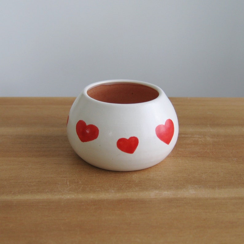 Teeny tiny cute red heart pottery bowl, Modern white and pink ceramic trinket dish, Mother's Day gift, Small stoneware match holder image 2