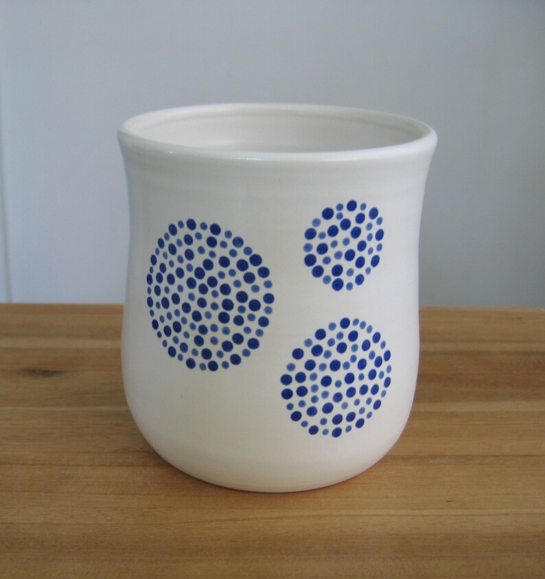 White Utensil Crock With Cobalt Blue Dots Spring Kitchen Etsy