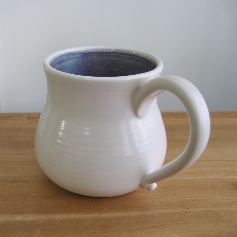 Large fat purple and white mug, 16 oz stoneware coffee gift, Ceramic wheel thrown cup image 4