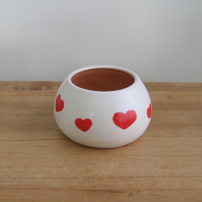 Teeny tiny cute red heart pottery bowl, Modern white and pink ceramic trinket dish, Mother's Day gift, Small stoneware match holder image 4