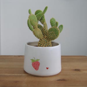 Strawberry planter with heart, White Ceramic Succulent Pot with Drainage, Handmade Pottery