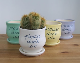 SMALL Ceramic succulent planter, Please Don't Die, Pottery plant pot with drainage tray