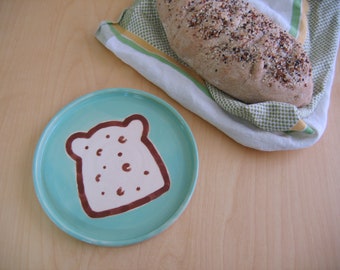 Bread lover pottery plate, Funny food serving dish, Toast, Handmade stoneware ceramic gag gift, Mint green, Happy kitchen gift for him