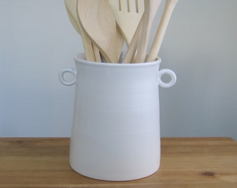 Modern white pottery utensil holder with round handles, Stoneware ceramic kitchen storage, Minimalist home decor caddy organizer, Simple