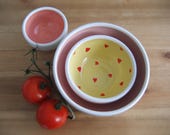 Medium pink and yellow pottery nesting bowls with hearts, Stacking ceramic prep bowls