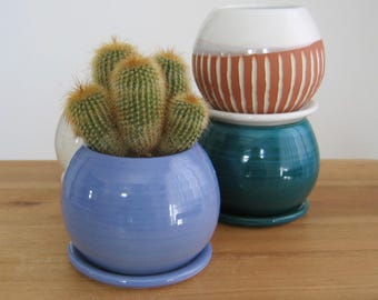 Your choice of one small ceramic sphere planter with tray: Cactus/Succulent Pot