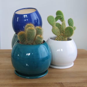Pode incluir: Três vasos de cerâmica em diferentes cores: azul, azul-turquesa e branco. Os vasos são redondos e têm um acabamento brilhante. Uma planta de cacto está no vaso branco.