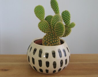 Funky black and white ceramic plant pot, Modern succulent planter with drainage, Small round sphere cactus lover pot,  Stoneware pottery