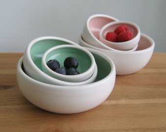 Tiny ceramic nesting bowls, Your choice of one set of 3 mini pottery prep bowls, Bridal shower gift, Pink stoneware, Mint and white, Cute