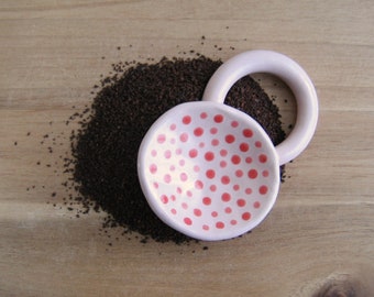 Pink pottery coffee scoop with happy red polka dots, Ceramic spoon, Gift for coffee lover, Cute handmade stoneware kitchen scoop