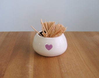 Teeny tiny cute purple heart pottery bowl, Modern white and plum ceramic trinket dish, Handmade small wheel thrown stoneware match holder