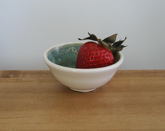 Small hand thrown pottery bowl: green and white, Ceramic dipping, spice or trinket dish