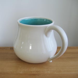 Huge 24 oz pot belly mug, Large pottery coffee mug in vacation blue and white, Hand thrown stoneware ceramic, Turquoise, Minimalist modern