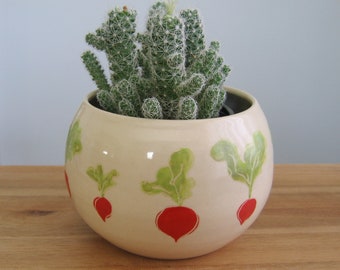 Radish planter, Happy pottery sphere plant pot, Ceramic stoneware cactus or succulent lover gift, Root vegetables, Mother's Day, Garden