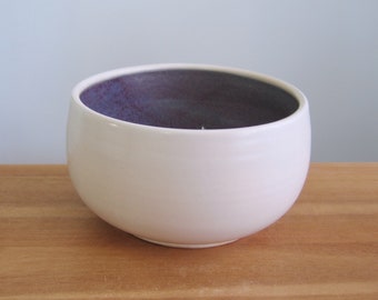 Purple and white pottery cereal or soup bowl, Modern stoneware ramen bowl, Wheel thrown ceramic gift for college student, Graduation