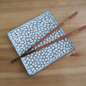 Small square serving plate with carving, Sushi dish, Tapas, Appetizer server, Pale blue and white stoneware ceramic pottery snack plate