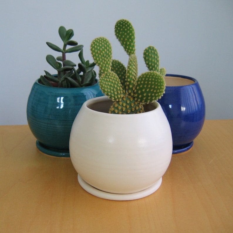 Medium pottery sphere plant pot and drainage tray, White, Peacock or Cobalt, Gardening, Minimalist round ceramic succulent cactus planter image 2