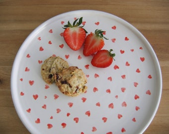 Heart cookie plate, Modern red & white pottery, Mother's Day gift, Stoneware ceramic 9th anniversary gift, I love you, Cute gift for her