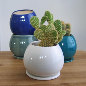 Op de afbeelding: Drie keramische potten in blauw, groen en wit, met een cactusplant in de witte pot. De potten zijn rond en hebben een glanzende afwerking.