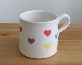 Cute rainbow heart pottery coffee or tea mug, Stoneware cup 12 oz. Modern white ceramics, Love is love, Wheel thrown anniversary gift