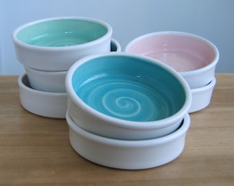 Cat food dish in your choice of colors, Ceramic cat Bowl, Pink, Blue, Mint, White pottery pet food dish, Pet accessory, Pampered Pet