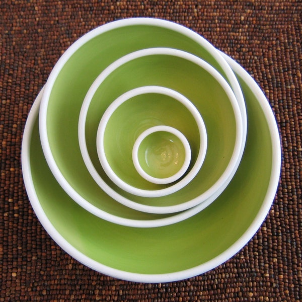 Ceramic Nesting Bowls in Lime Green, Wedding Gift, Large Set of Handmade Stoneware Pottery Stacking Bowls