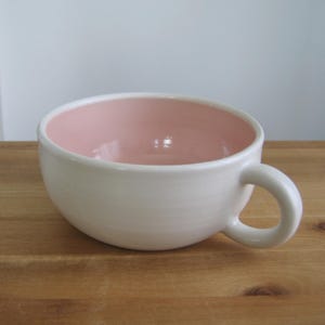 Large Pottery Soup Mug: 20 oz Pink & White Ceramic Stoneware Cappuccino Cup