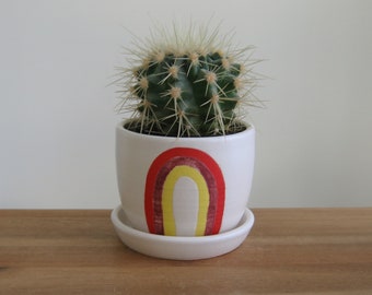 Small rainbow pottery succulent planter, Plant pot with drainage tray, Modern white ceramic cactus pot, Gay pride, Happy home decor, Pink