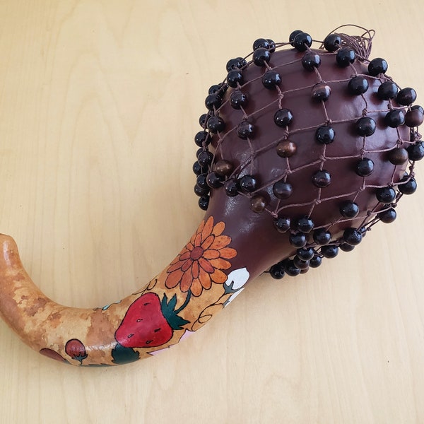 Botanical Gourd Rattle, Strawberry Maraca, Shekere with Flowers, Berries, Wooden Beaded Musical Instrument Shaker, Percussion, Fall Harvest