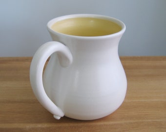 Happy yellow pot belly coffee mug, Large modern white and banana stoneware 16 oz. cup, Wheel thrown ceramics