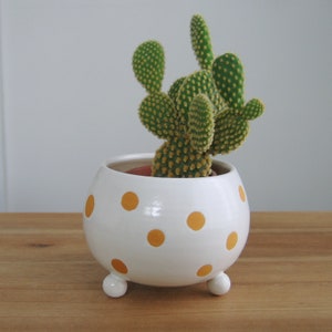 Cute footed yellow polka dot pottery plant pot with drainage, Small modern white succulent panter,  Happy cactus love, Home office gift