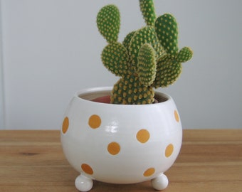 Cute footed yellow polka dot pottery plant pot with drainage, Small modern white succulent panter,  Happy cactus love, Home office gift