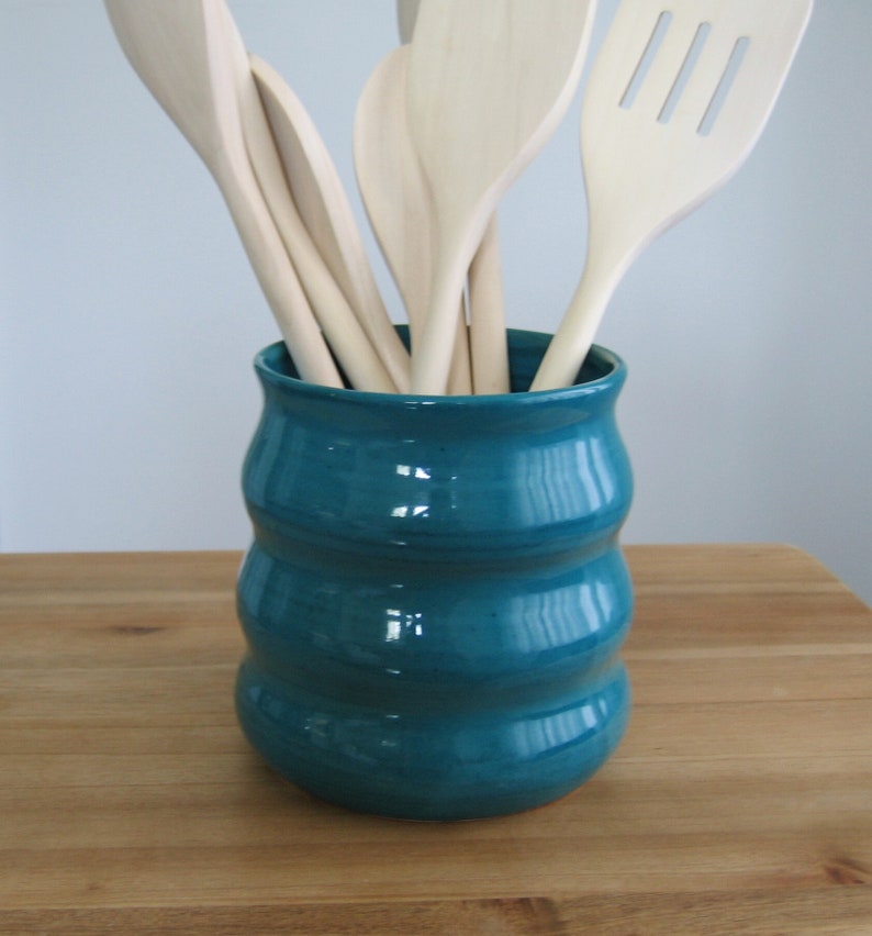 Beehive utensil holder in peacock blue green, Ceramic utensil crock, Stoneware pottery kitchen organizer, Utensil caddy, Bridal shower gift image 1