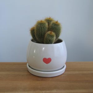 Small pottery heart planter, Ceramic cactus or succulent plant pot with drainage tray, White and pink, Anniversary I love you gift