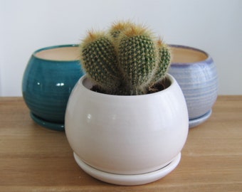Your Choice of one small cactus or succulent planter with drainage, Pottery plant pot & tray, Peacock, White, Windowsill ceramic sphere