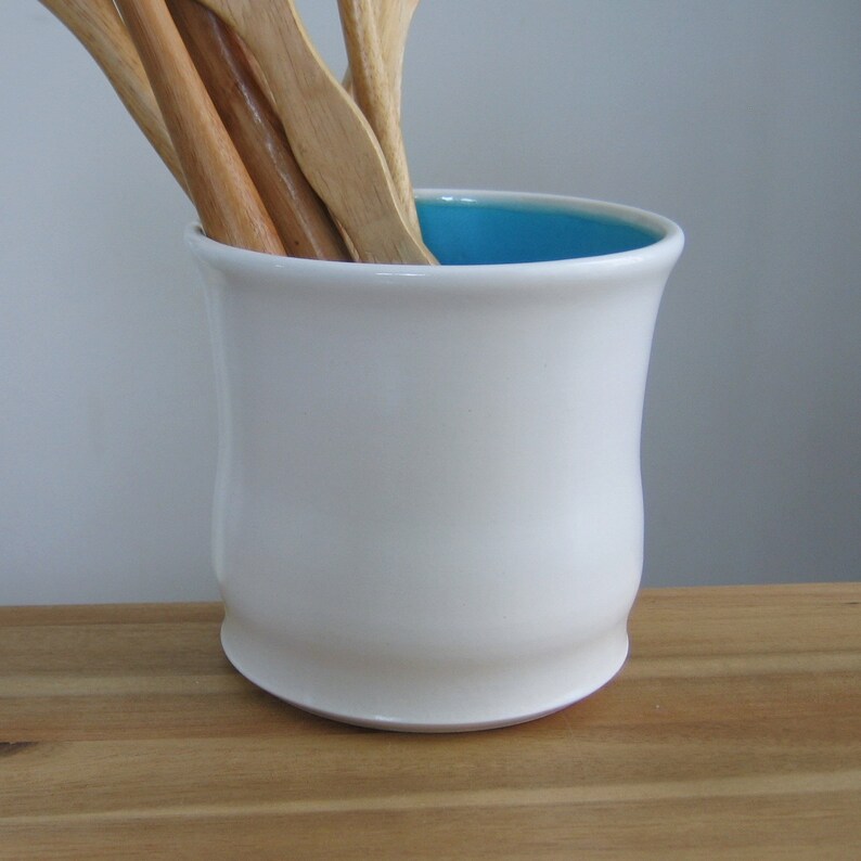 Ceramic Utensil Crock In Turquoise Blue Stoneware Pottery Etsy