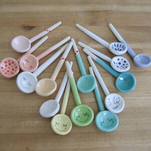 Your choice of one SMALL Handmade Ceramic Salt Spoon: Stoneware Pottery, Smiley Face, Dots