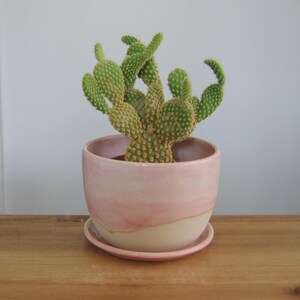 Vaso de plantas rosa com esmalte escorrendo, vaso de cerâmica de tamanho médio.