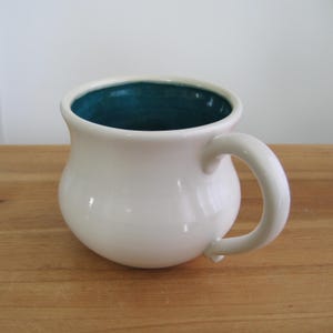 Large fat pot belly mug, Modern pottery coffee mug in peacock blue and white, Huge 18 oz Hand thrown stoneware, Ceramic gifts for men, Tea