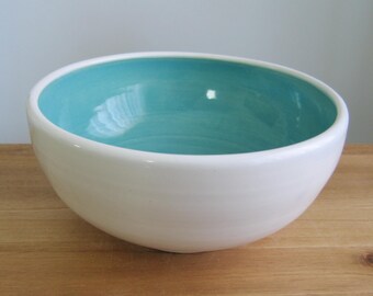 Turquoise blue pottery serving bowl, Medium modern white stoneware bowl, Foodie wedding gift, Cook, Handmade ceramic 9th anniversary gift