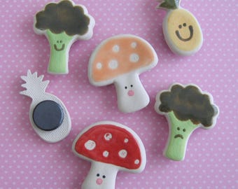 Your choice of one funny face food fridge magnet, Sad broccoli, Mushroom, Happy smile pineapple, Kitchen refrigerator decor, Gag gift