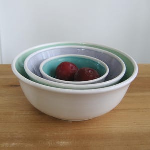 SECONDS! Irregular ceramic nesting bowls, Colorful mismatched stoneware pottery serving set, Turquoise, lavender, mint