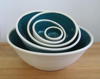 Pottery Nesting Bowls: Handmade Ceramic Peacock Blue and White Stacking Set